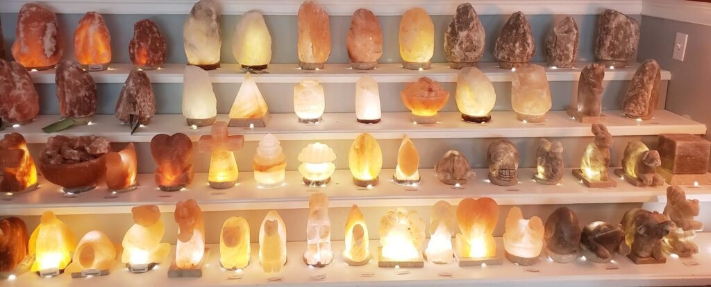 Collection of Himalayan salt lamps and wellness products available at Salt Spa Haven.